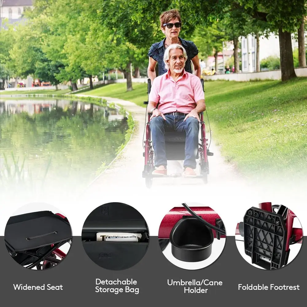 Adjustable Height 4-Wheel Rollator with Folding Design, Reversible Backrest, and Detachable Storage for Seniors - Red
