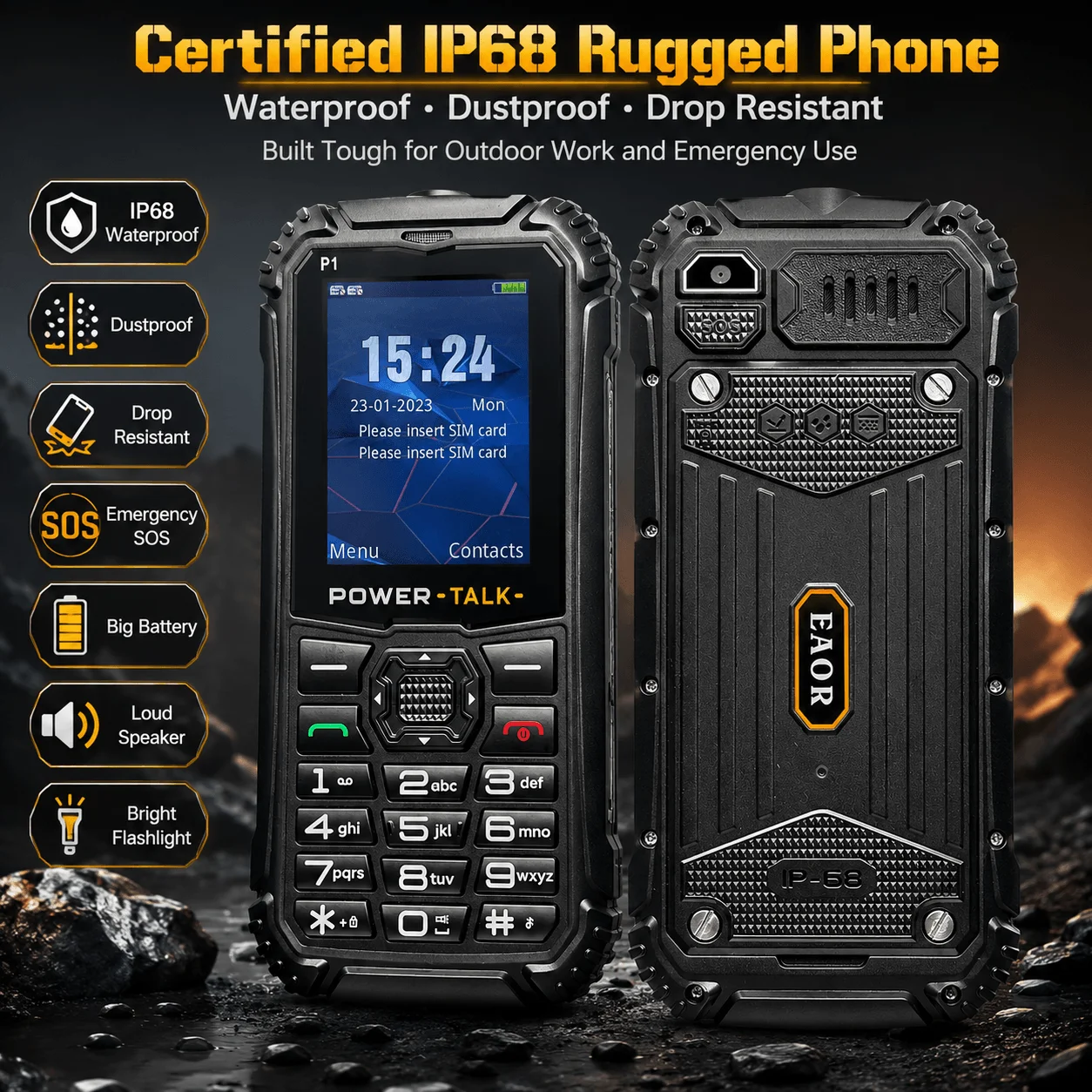 IP68 Rugged Feature Phone Waterproof Dustproof Drop Resistant Dual SIM Big Button SOS Loud Speaker Flashlight Outdoor Mobile