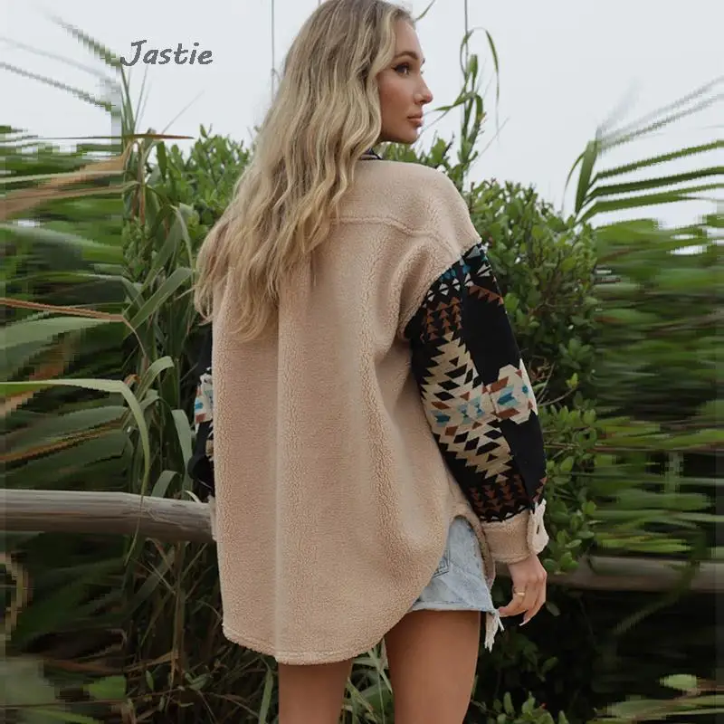 2024 Autumn And Winter Lamb Wool Spliced Aztec Print Jacket Top Loose Women\'s Lapel Long Sleeve Warm Lamb Wool Jacket Coat