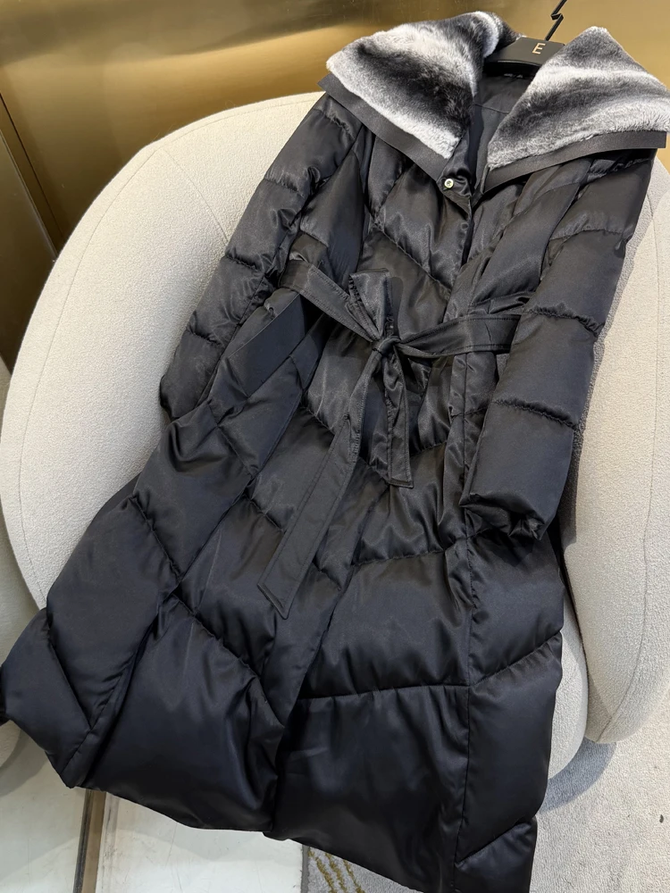 

Silk Goose down Puffer Jacket Women's Extended Length Waist-Cinching Collar Standup Winter Warm Thick Long Sleeve Zipper