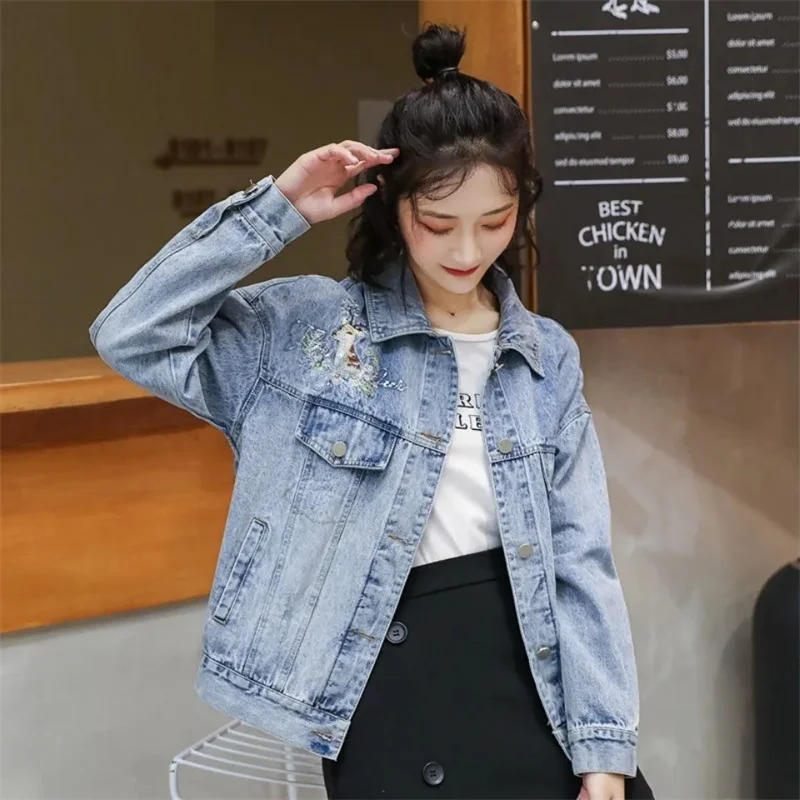 2025 New Denim Jacket Flower Embroidery Hole Design Jean Coat Causal Long Sleeve Women Outwear Short Fashion Top Clothes W1893