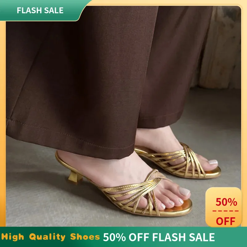 Women Elegant Metallic Mule Sandals Round Open Toe  Slim Heel Microfiber Sheepskin Insole Slip On Summer Party Daily SandalsF122