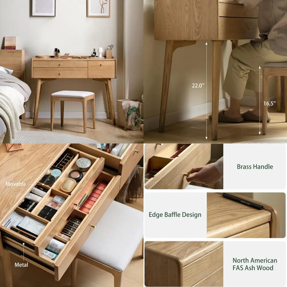 مكتب زينة لغرفة النوم مصنوع من الخشب الصلب مع مقسم للأدراج وطاولة للدراسة والمكياج، 31 عميق × 18 عريض × 32 مرتفعًا