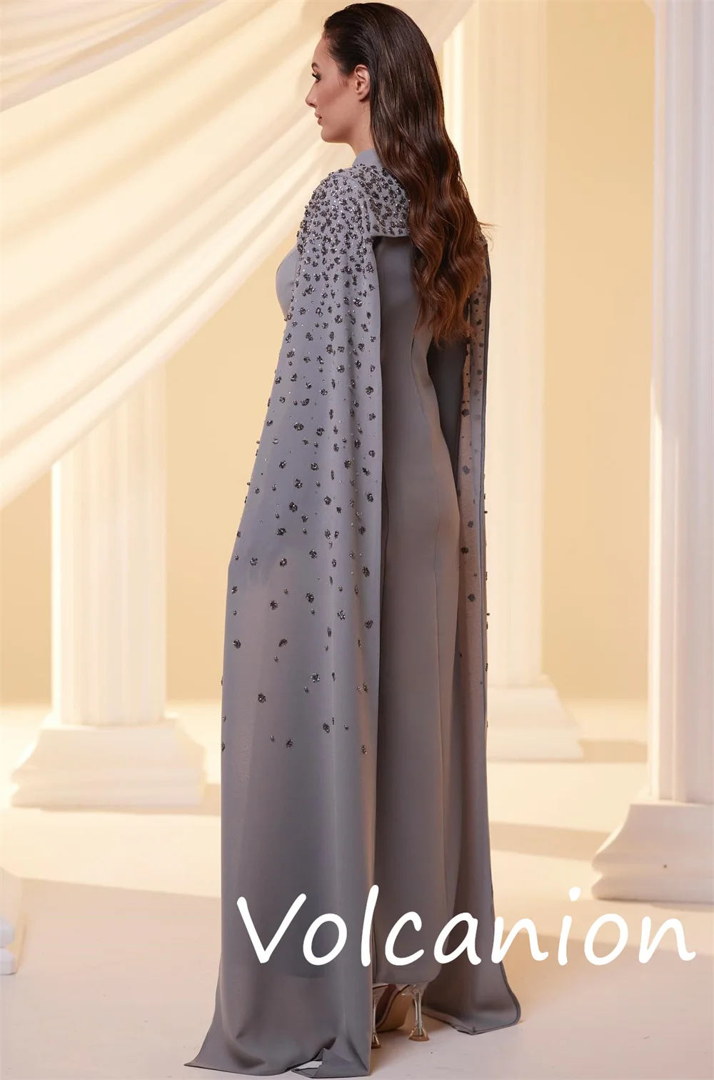 Customized Matching Retro Jersey Sequined A-line High Collar Midi Dresses Bespoke Occasion Pastrol Classic