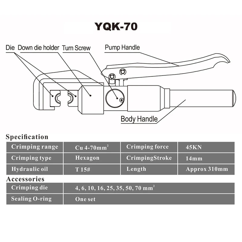 Hydraulic Crimping Tool Cable Lug Crimper Plier Hydraulic Compression Tool YQK-70 4-70mm 2 Pressure 5-6T ES and RU warehouse