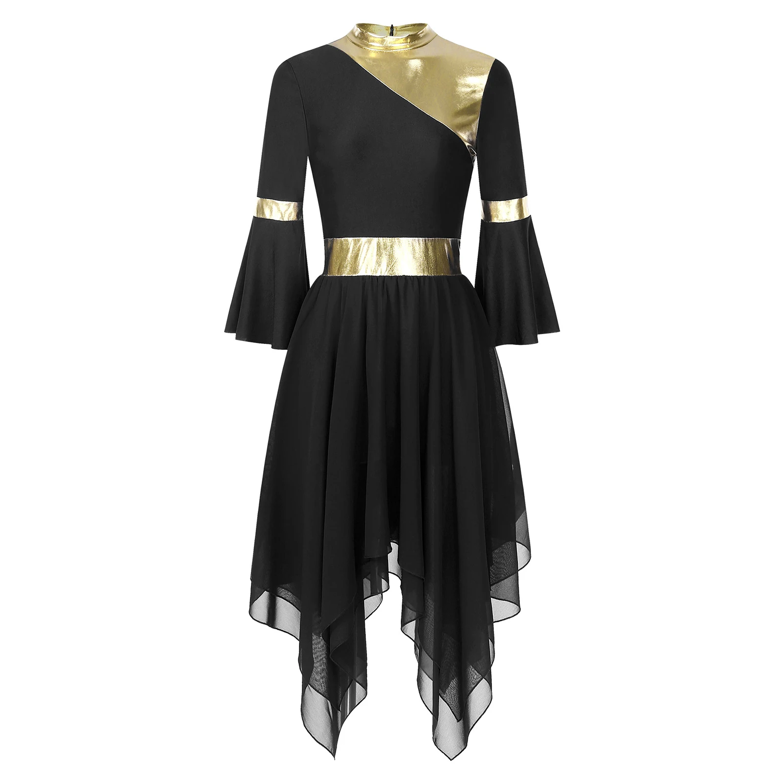 black and gold praise dance dresses Diagonal Gold Stripe Long Sleeve Dance Dress Black-Gold / 4XL-Adult
