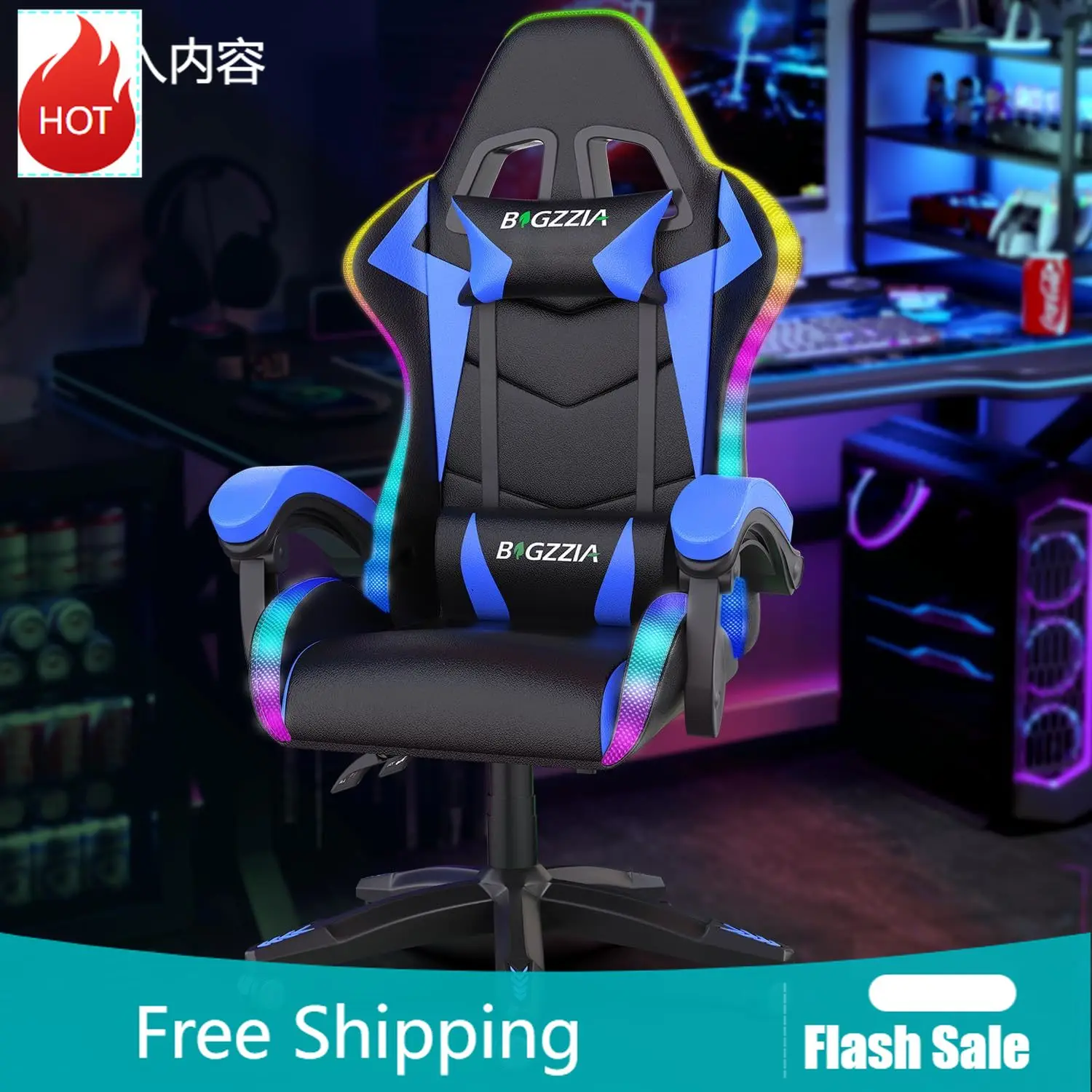 RGB Gaming Chair for Adults & Kids, Lumbar Support, Blue. | High-Back Ergonomic Gamer Chair with Headrest & Lumbar Support, Raci