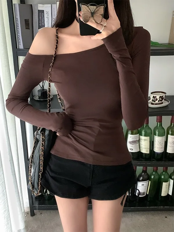 Slim Fit Long Sleeve T-Shirt Women's Summer 2026 New Style Irregular Shoulder Design Commute Style Korean Version Straight Tube
