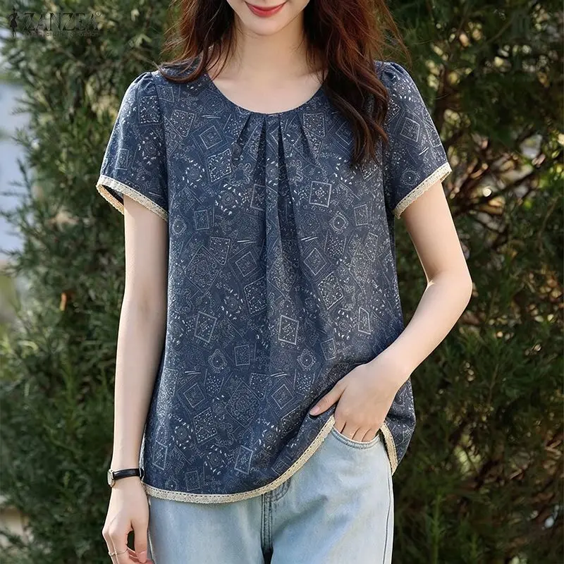 Summer Bohemain Printed Blouse ZANZEA 2026 Women Short Sleeve Holiday Tops Retro Work Shirt Mujer Female O Neck Blusas Chemise