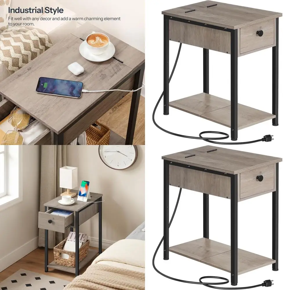 

Compact Charging Nightstand with Storage for Small Spaces, Living and Bedroom Use, Greige and Black BG041BZ01G1