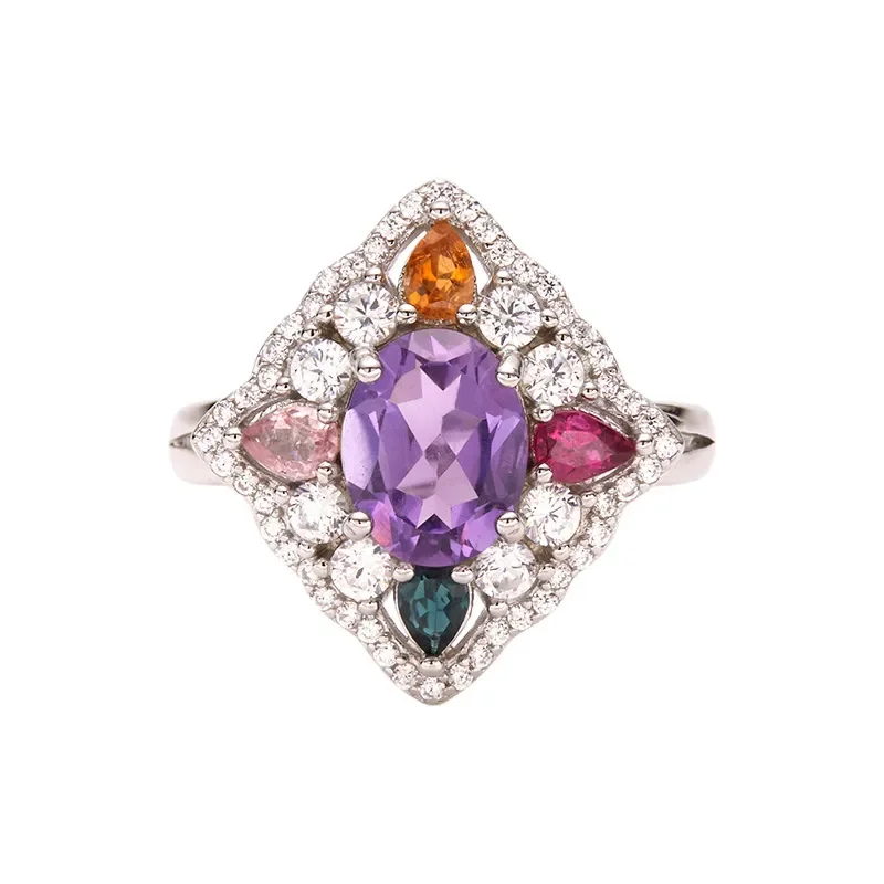 Natural color treasure citrine amethyst topaz tourmaline ring women's s925 sterling silver live broadcast explosion factory