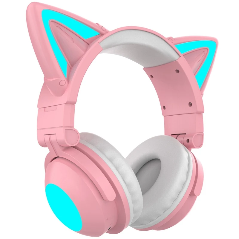 Cat Ear Headphones, LED Lights Computer Headphones, Headset Bluetooth 5.0 Headphones, Built-In Microphone