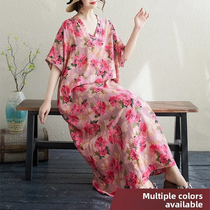 

V-Ne Cotton Lin Long Beach Skirt Loose Holiday Sle Summer Dr Thin Home Outwear Retro Meat Concealing Large Size Robe