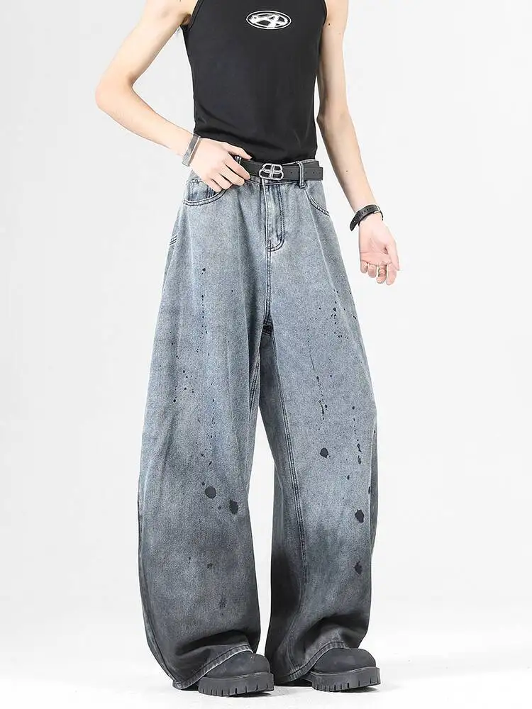 Man Jeans 2025 Autumn New Men's Gradient Splatter Jeans Retro Street Vibe Curved Blade Loose Wide Leg Pants