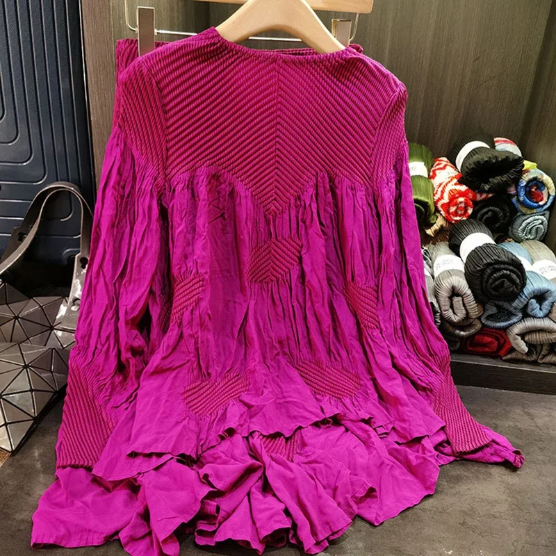 ใหม่แฟชั่นจีบแขนยาวหลวมชุดสตรีElasticเอวสีทึบครึ่งกระโปรงสตรีชุด 2025 ฤดูร้อน