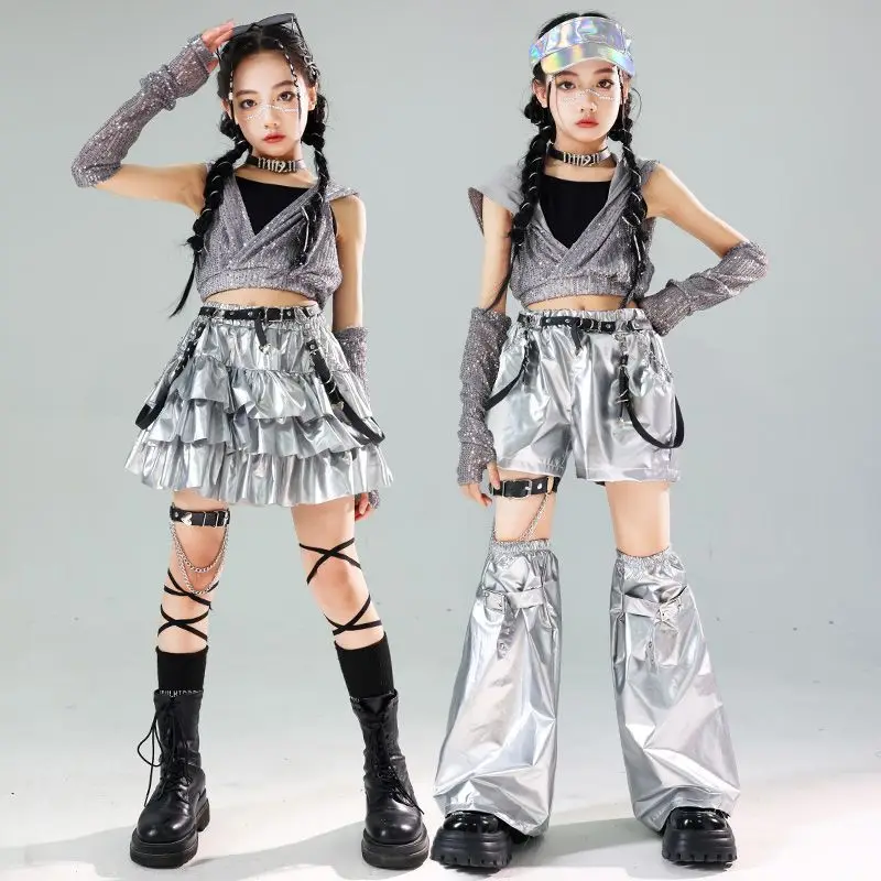 

Girls K-pop Sequin Crop Hoodies Street Dance Shorts Kids Hip Hop Jazz Skirts Silver Pants Clothes Sets Child Streetwear Costumes