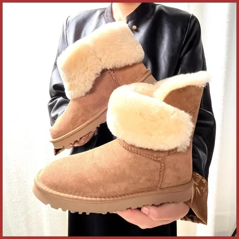 A pair of pure sheepskin and wool winter snow boots for women, warm and comfortable. Simple and fashionable women's shoes