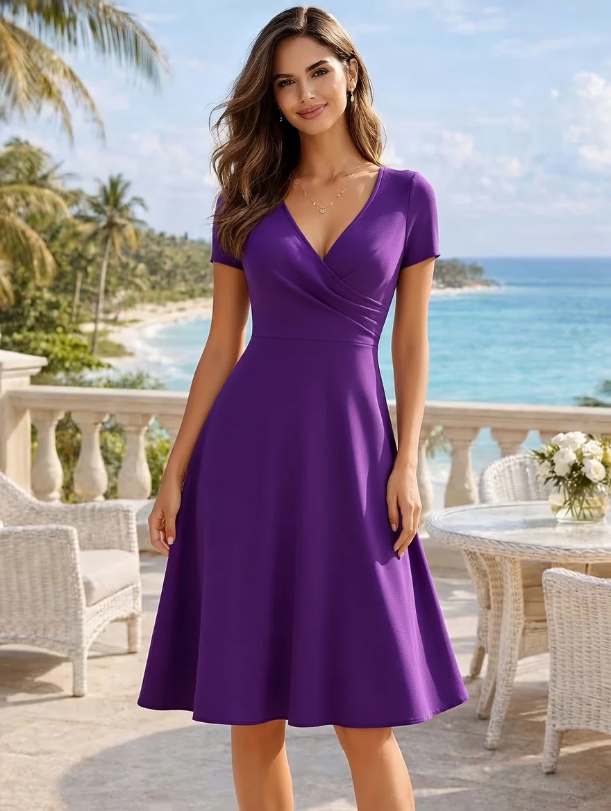 Elegantes Damenkleid mit Rundhalsausschnitt, Kurzen Ärmeln, Einfarbig, A-Linie, Knielang, Hohe Taille, für Partys, Hochzeiten und Freizeit