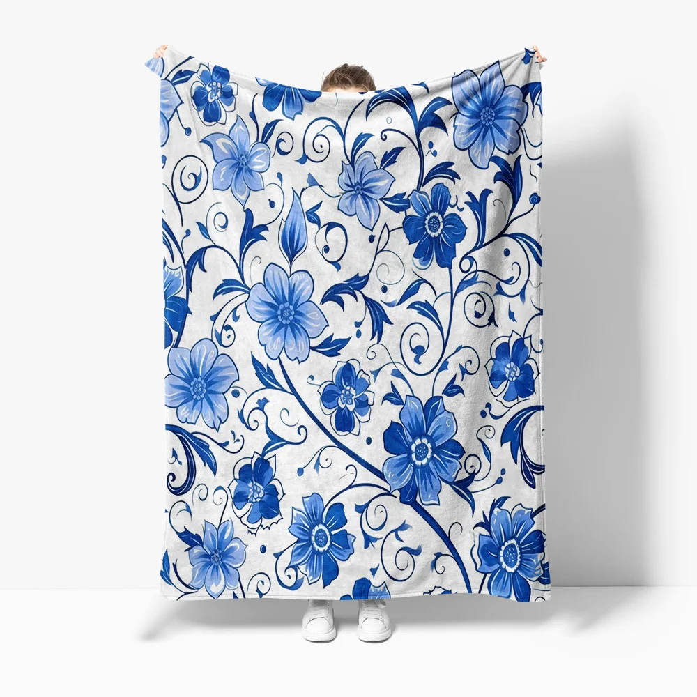 

Синее флисовое одеяло с цветочным узором, мягкое теплое одеяло, декоративное покрывало для дивана-кровати, подарок