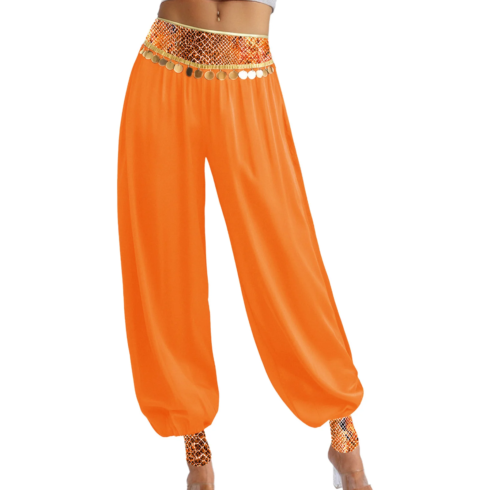 

Women's Belly Dance Bloomers Pants Snakeskin Print Spliced Sequin Fringe Harem Pants Trousers India Ethnic Stage Dance Costume