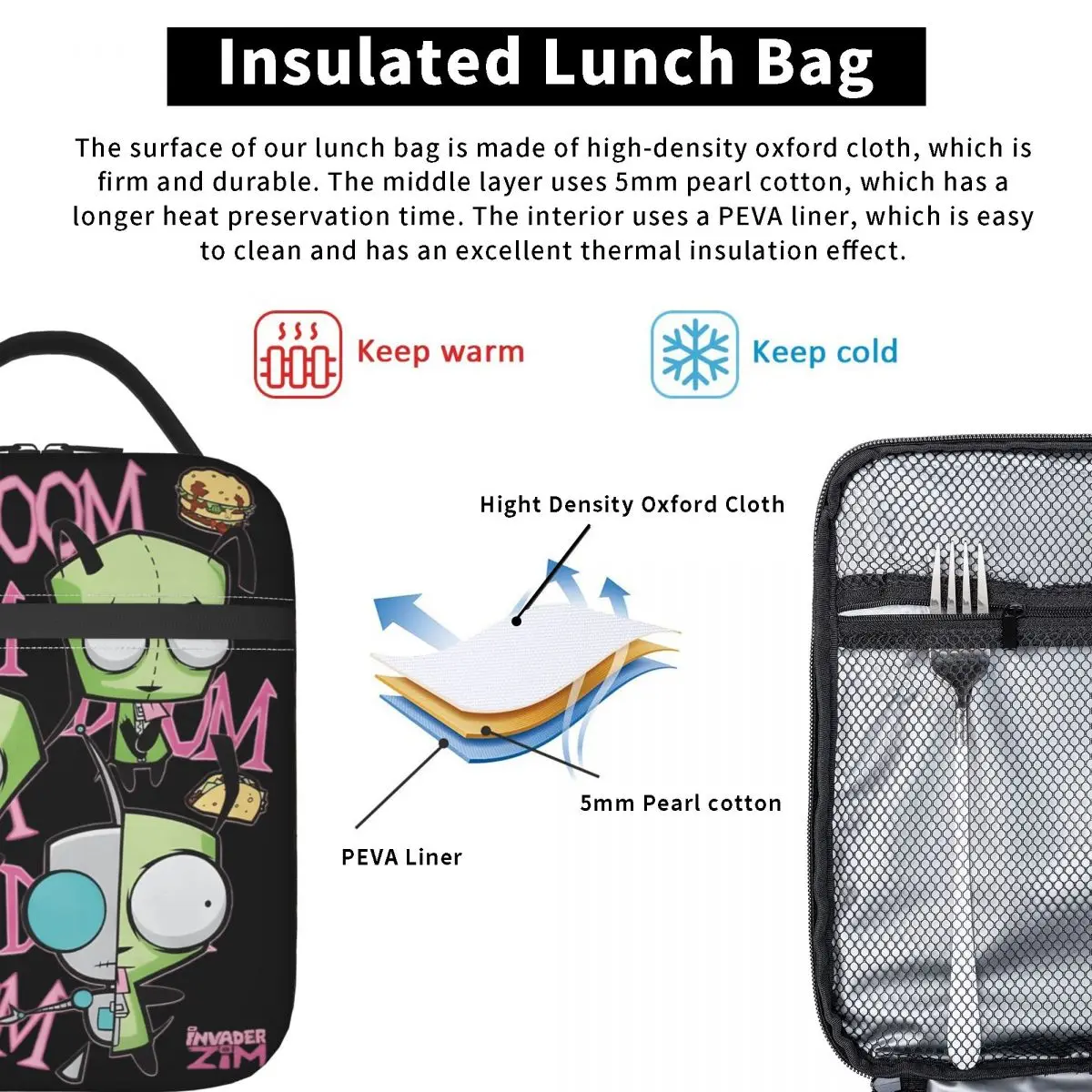حقيبة غداء مدرسية من Invaders Zims للبالغين، حقائب غداء حرارية بتصميم غير رسمي، حقيبة تبريد محمولة من أكسفورد #3