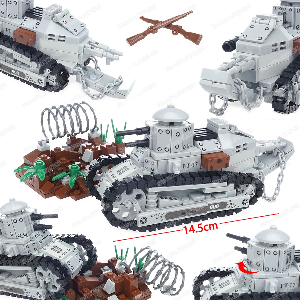 Military Ground Combat FT-17 Light Tank Building Block WW2 Figures War Assault Rotating Turret Weapons Model Child Gift Boy Toys