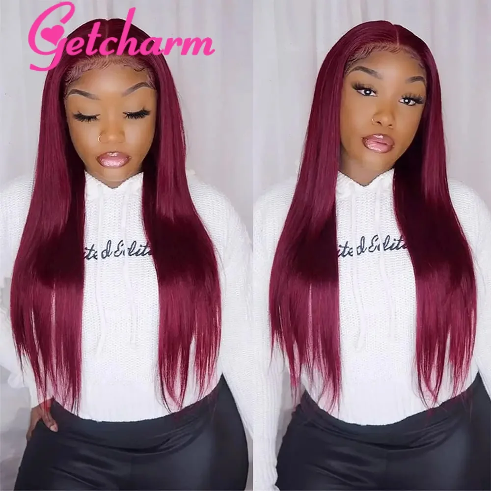 Burgundy 13x4 Straight HD Lace Frontal Wigs Human Hair 180% 99j Red Colored Glueless Lace Front Human Hair Wigs 5x5 Closure Wig