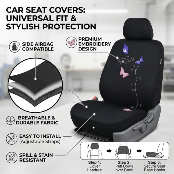 

AUTOKING Butterfly Embroidery Universal Car Seat Covers for Women Fit Most Cars SUVs Trucks Vans