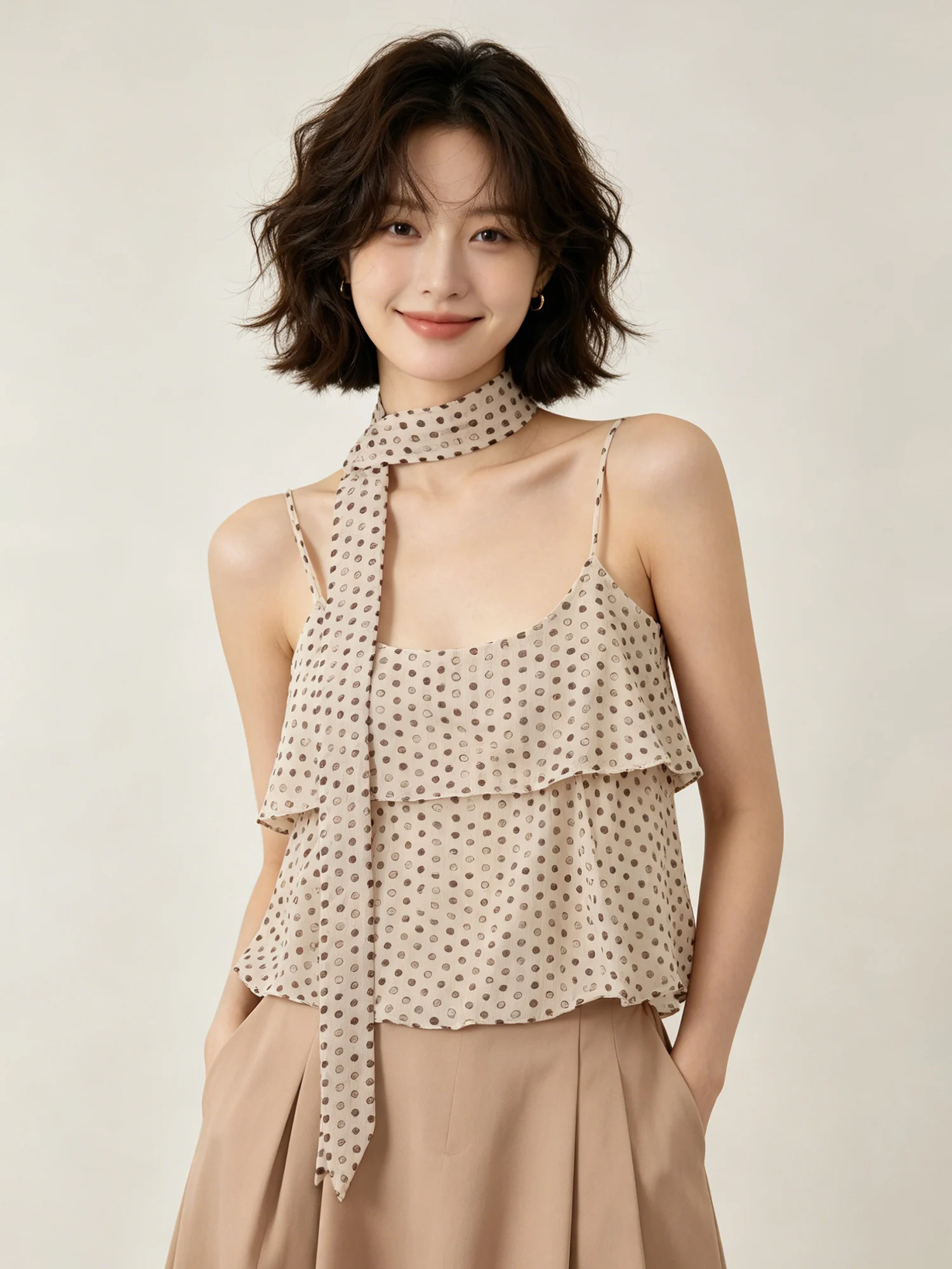 

Design Sensation Polka Dot Sash U-Neck Vest Women Summer Outerwear New 2026 Beautiful Sexy Strap Vest Breathable Casual Wear