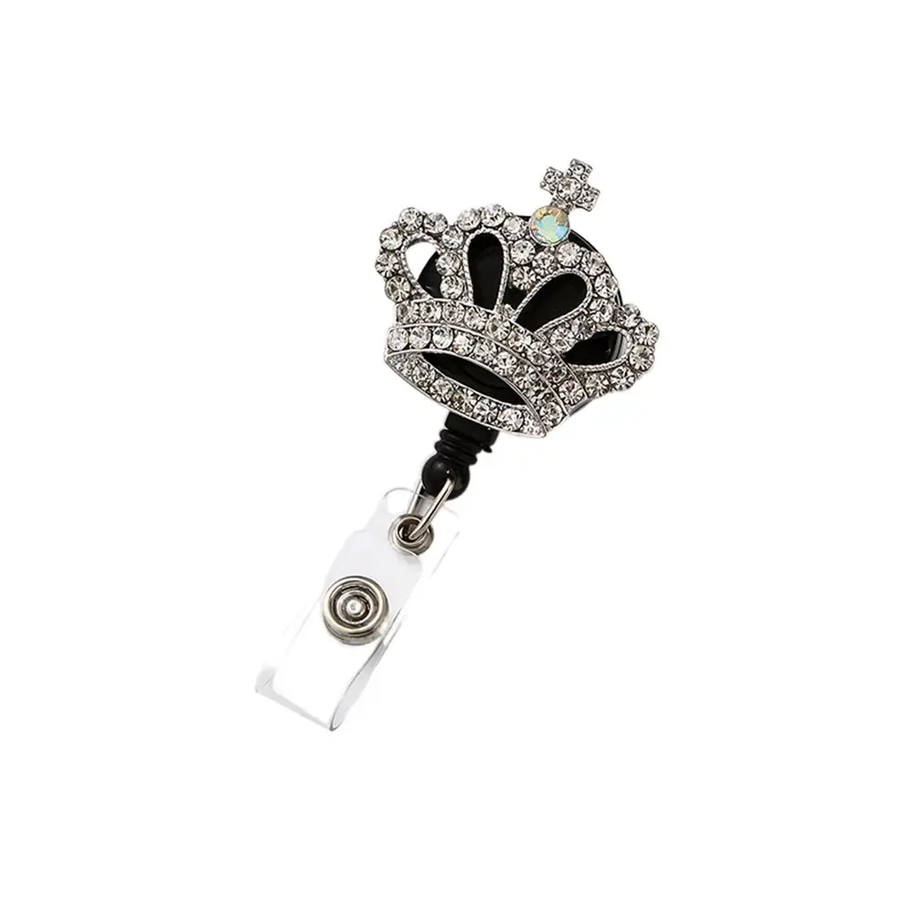 Rhinestone Crown Badge Reel Easy-pull Diamond ID Card Holder Rotation Name Card Retractable Badge Holder Office Accessories