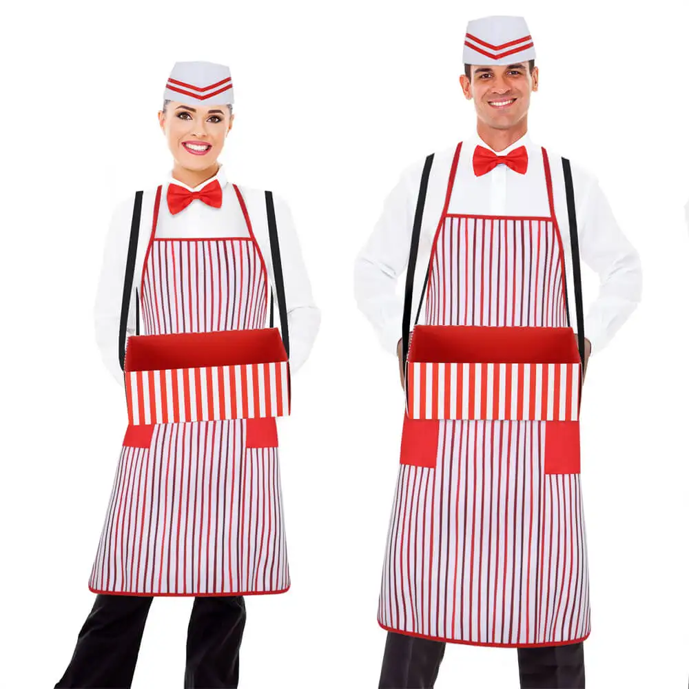 

50s Waiter Cosplay Costume 4 Pcs Kits Carnivals Circus Theme Party Hot Dog Soda Jerk Movie Night Red and White Stripe Takerlama