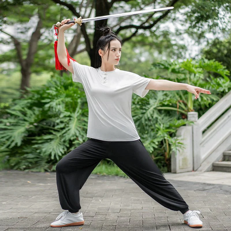 Women's New Summer Embroidered Chinese Style Casual Tai Chi Suit 3/4 Sleeve Starlight Linen for Qigong Martial Arts Practice