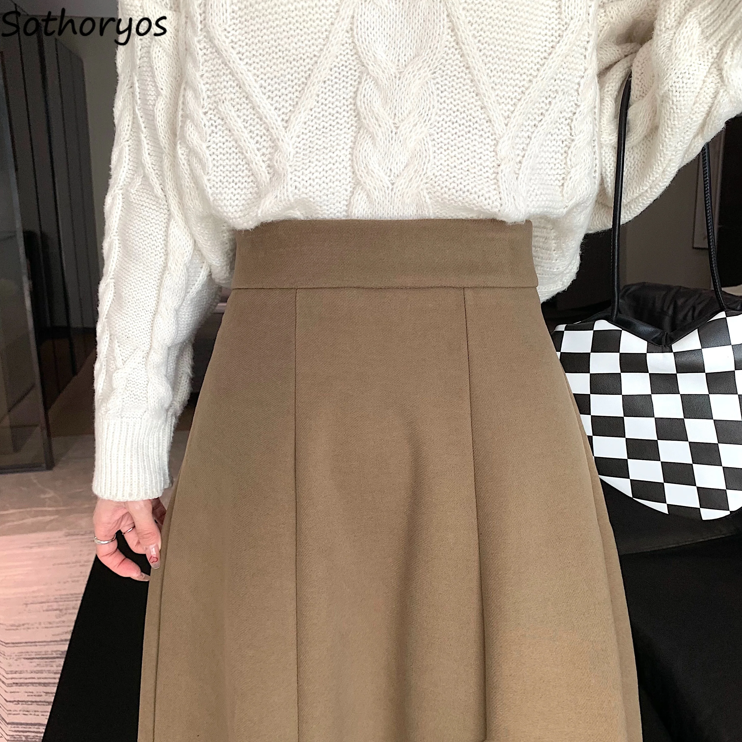 

Толстые шерстяные длинные юбки женские нежные ретро повседневные трапециевидные формы с высокой талией однотонные базовые теплые осенне-зимние элегантные нежные шикарные уличные одежды