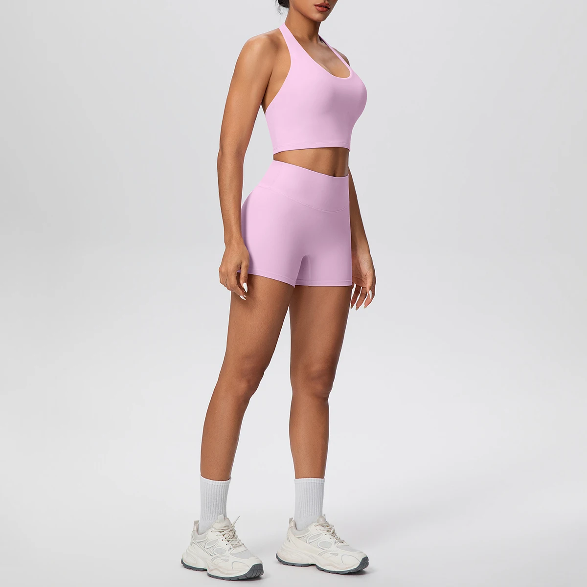 2picese Women Yoga Suit Solid Color High Waist Hip Push Up Fitness Shorts Sexy Pilates Backless Gym Hanging Neck Bra Yoga Set - Image 3
