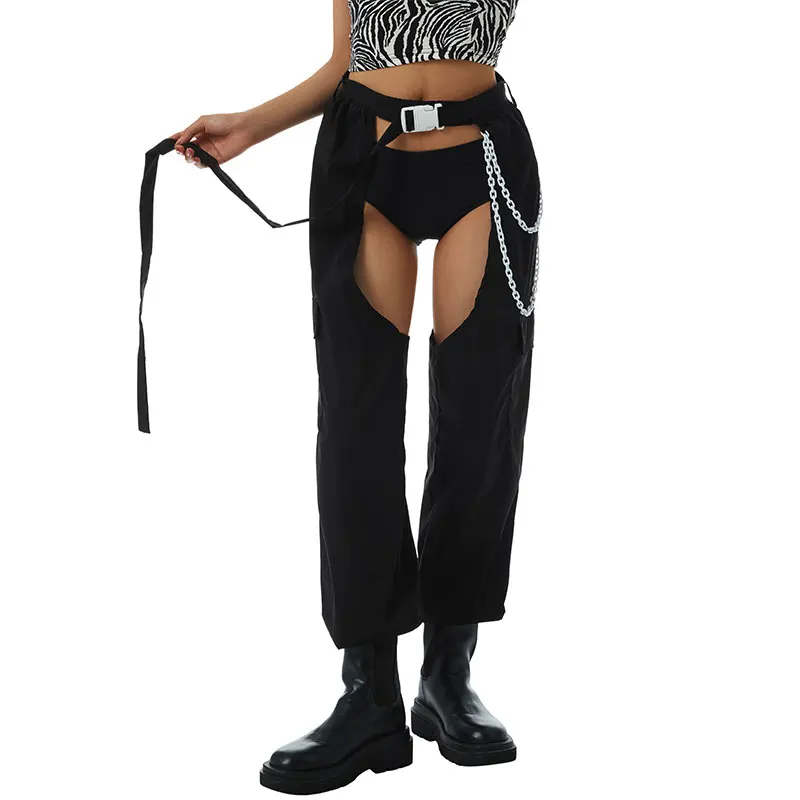 Y2K Women Casual Crotchless Trousers Fashion Solid Color High Waist Long Pants with Chain & Belt