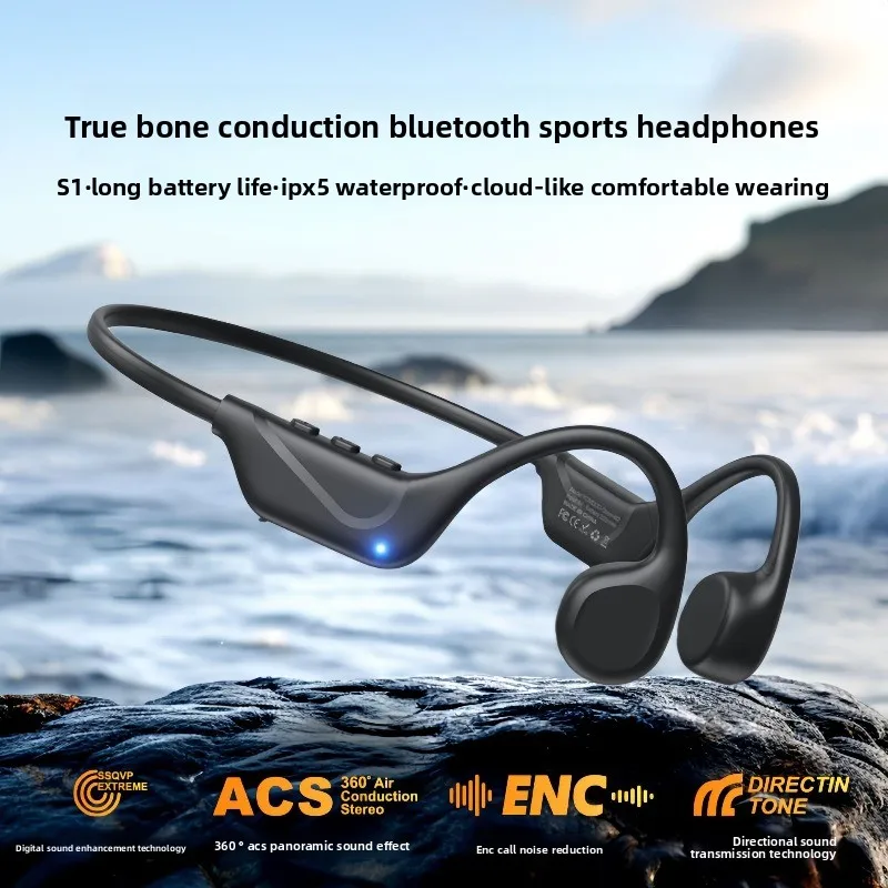 

True bone conduction bluetooth headset IPX5 waterproof long battery life 9h running cycling sports headset