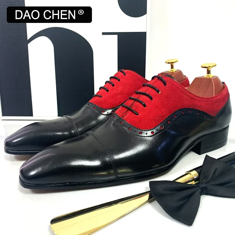 LUXURY MEN\'S OXFORD SHOES LACE UP BLCK MIXED RED SUEDE CASUAL MENS DRESS SHOES REAL LEATHER OFFICE WEDDING SHOES FOR MEN