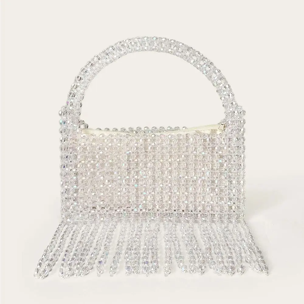 

Fashion Transparent Acrylic Beaded Handbag Women's Unique Design Woven Hollow Out Tassel Evening Bag Clear Single Shoulder Bags