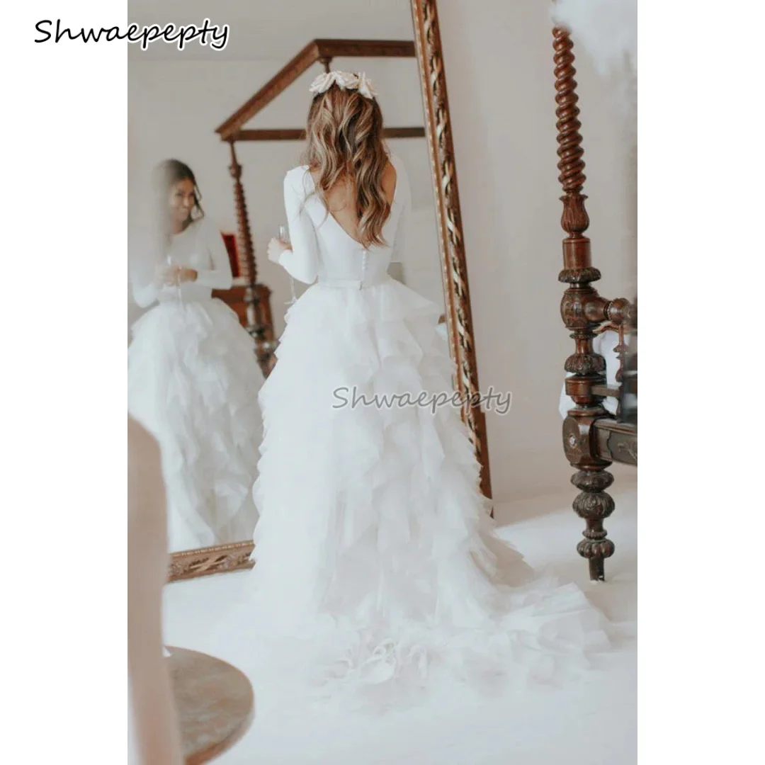 

Ruffled Tiered A-Line Wedding Dress Long Sleeves White Bridal Gown Backless Boho Bride Dresses Customized