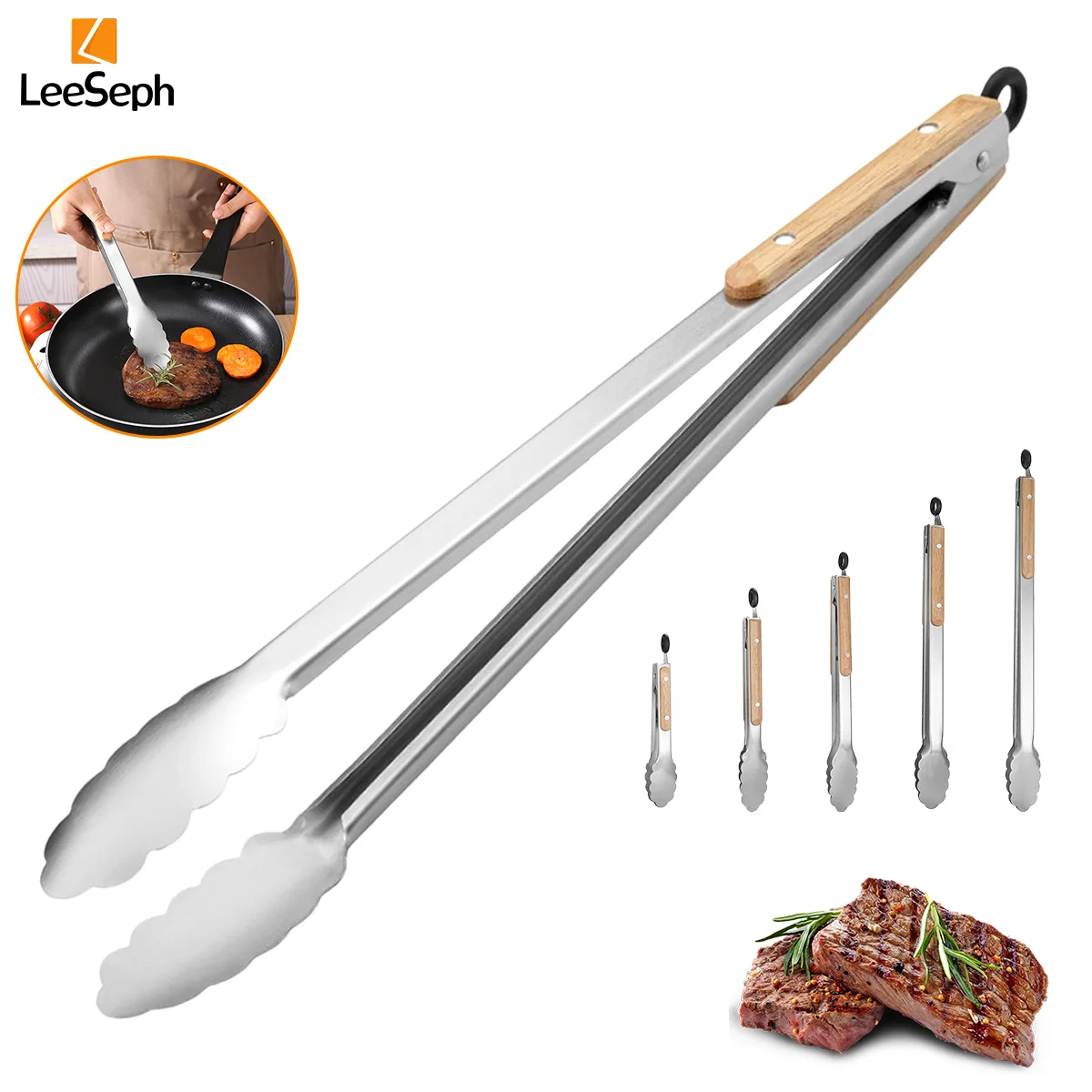 Stainless Steel Cooking Tong with Oak Handle, Barbecue Tong Salad Tong with Locking Ring, Kitchen Gadget for Salad Grilling BBQ