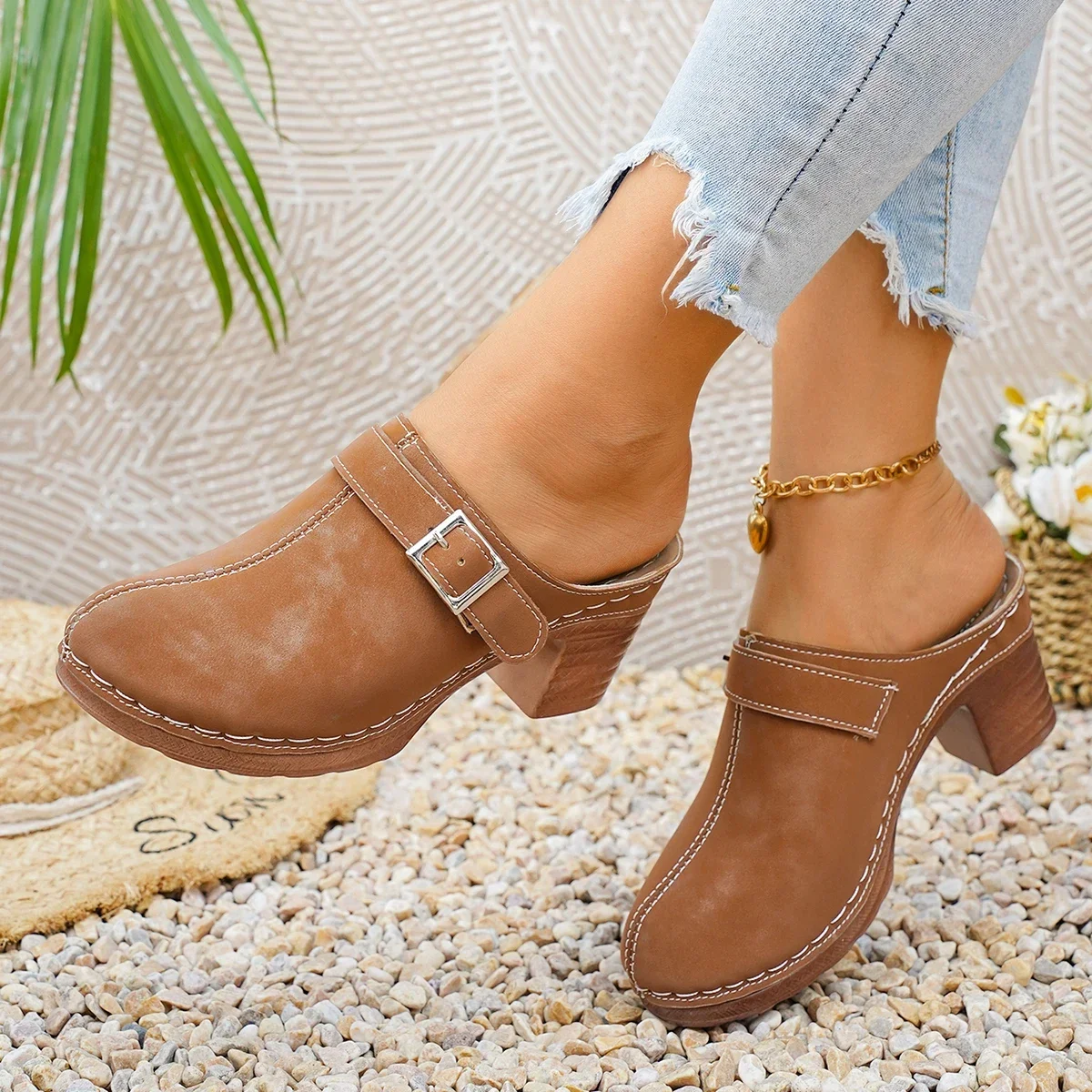 Damen Mules Pantoletten mit hohem Blockabsatz, geschlossene Zehenpartie, zum Hineinschlüpfen, Vintage, Sommer, lässig, bequeme Gehschuhe, Größe 36-43 – Detail 13