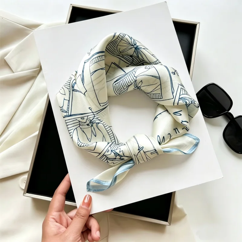 Vintage Sketch Print Satin Small Square 100% Scarf Women Blue White Art Letter Neck Scarves For Bag Handle Hair Band Accessory view 2