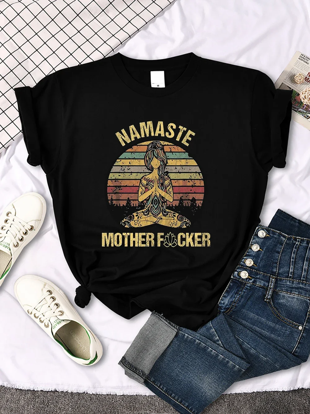 Vintage Namaste Mother Explicit Pattern Women T-Shirt O-Neck Creative T Shirts Fashion Breathable Crop Top Casual Sport T Shirt