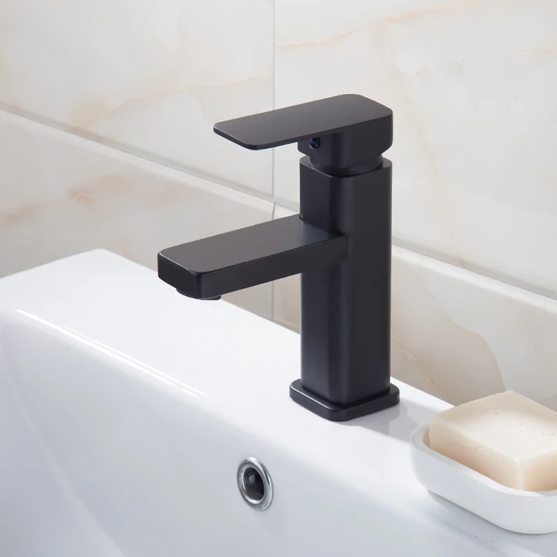 Copper basin faucet black paint hot and cold countertop   wash square single-hole mixing valve