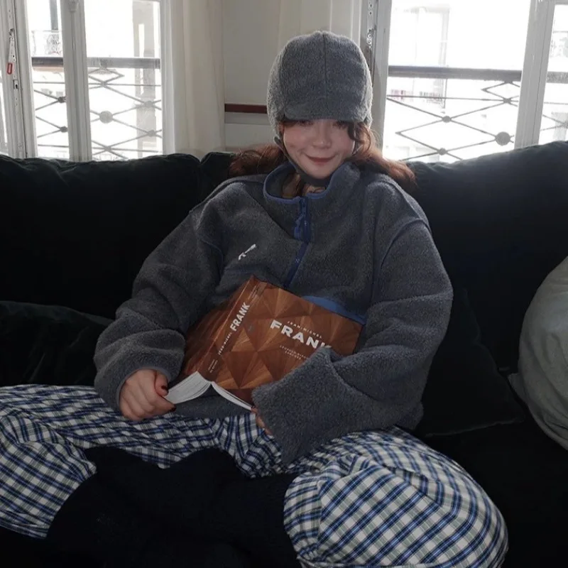 Polar Fleece Stitching Zipper Stand-up Collar Sweater Lamb Embroidery Loose Long Coat