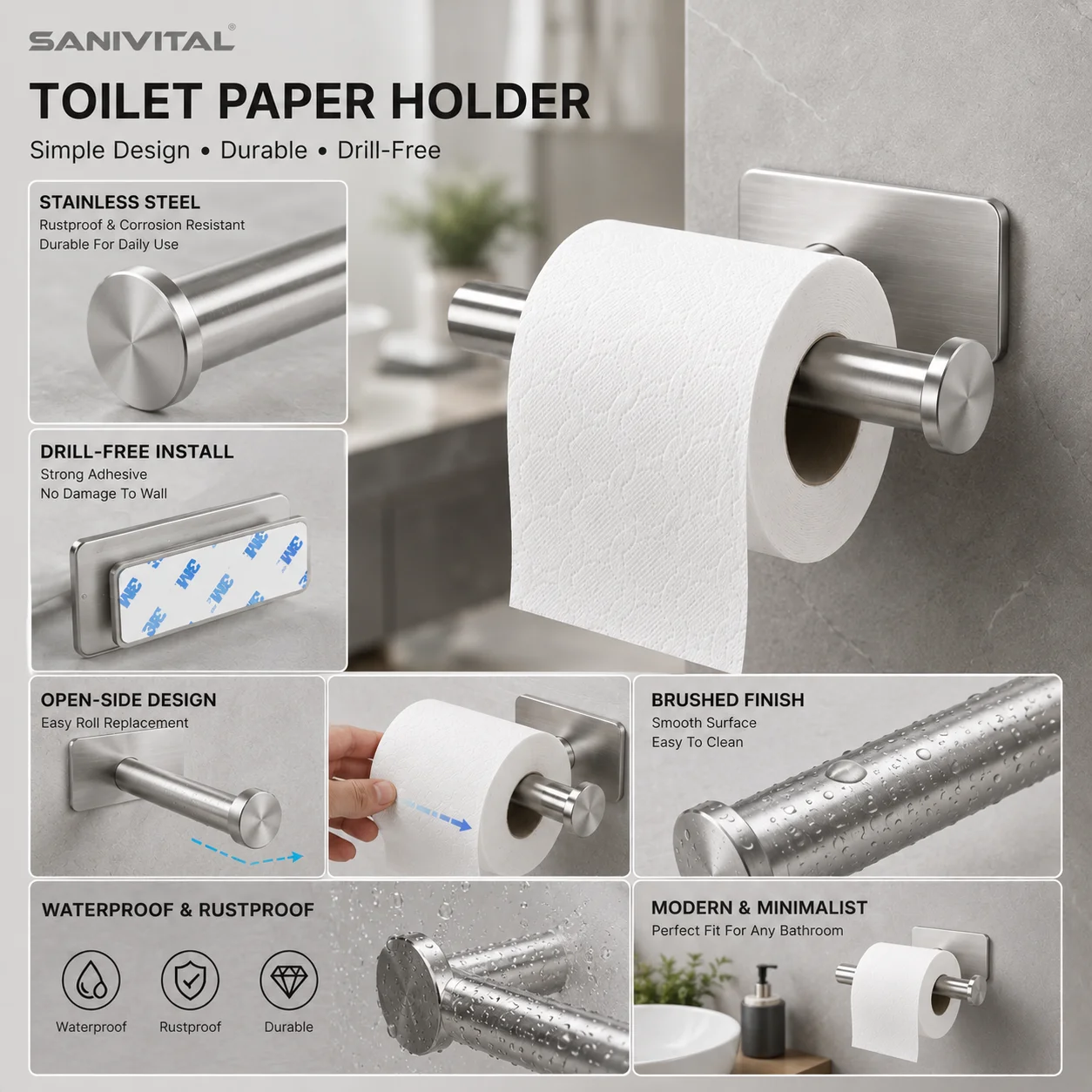 SANIVITAL Brushed Stainless Steel Toilet Roll Holder Drill-Free Self-Adhesive Bathroom Tissue Holder