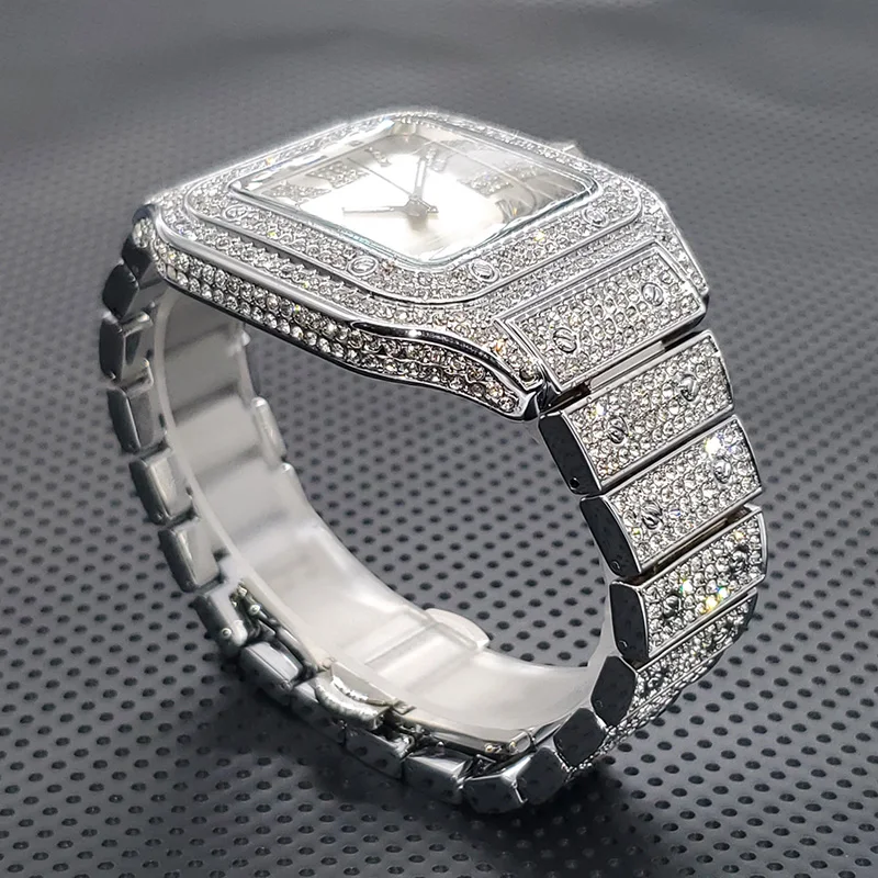 Ultrathin Fashion Crystal Male Watch Luxury Diamond Bracelet Wristwatch Square Full Ice Out Bling Watches For Men Hip Hop Rapper