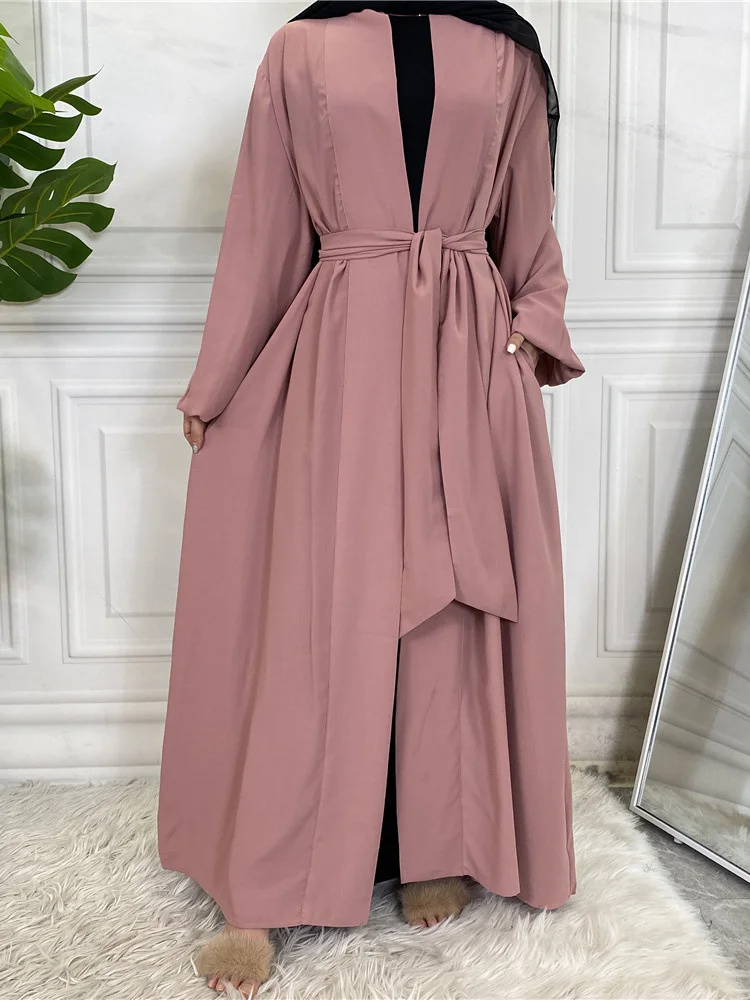 Open Abayas for Women Puff Sleeves Muslim Kimono Islamic Clothing Dubai Turkish Modest Outfits Ramadan Hijabi Robe (No Inner）