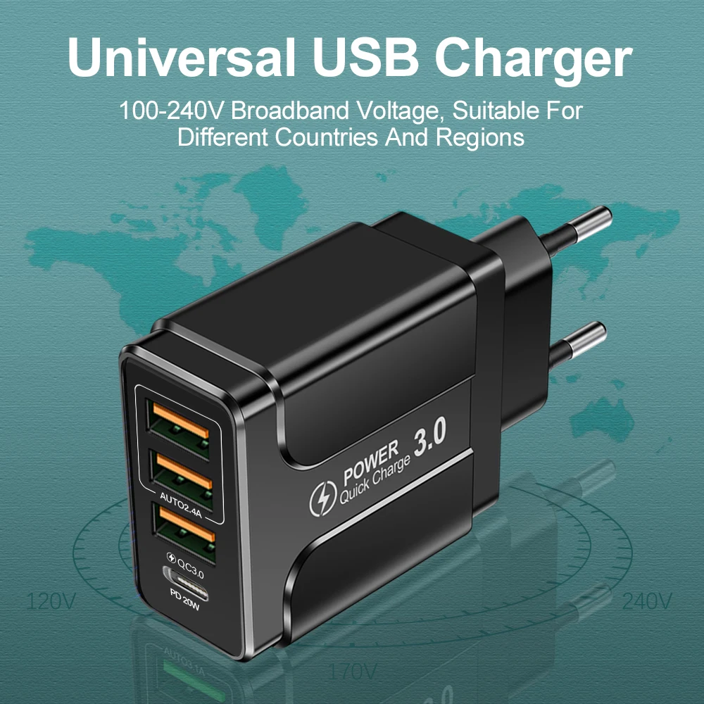 Fast Charging Charger Type C PD 20W USB Mobile Phone Charger Multiple 4 Port Quick Charging Charger for Iphone Xiaomi Huawei