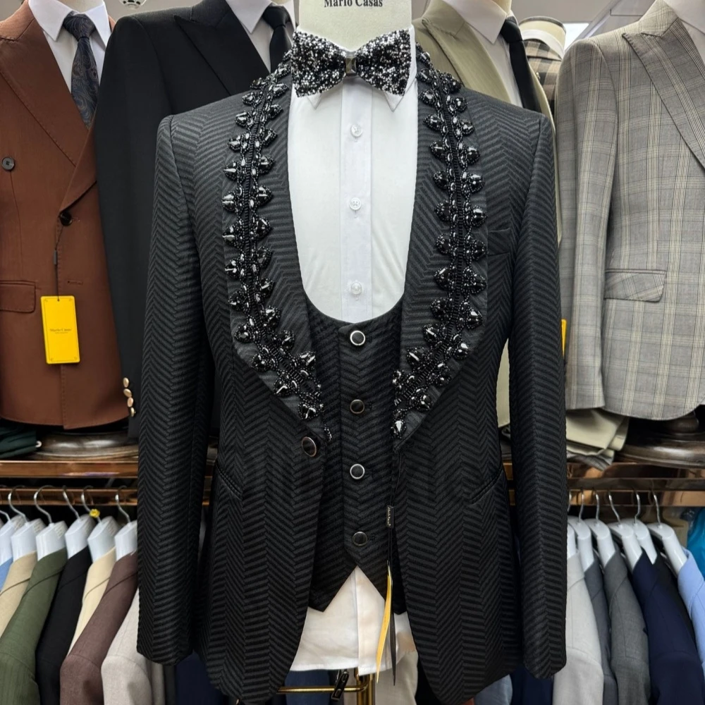 Olibexley Crystal Wedding Tuxedos Diamond Men Suits 3 Pieces Set Groom Male Prom Blazers Terno Masculino Completo Customized S43